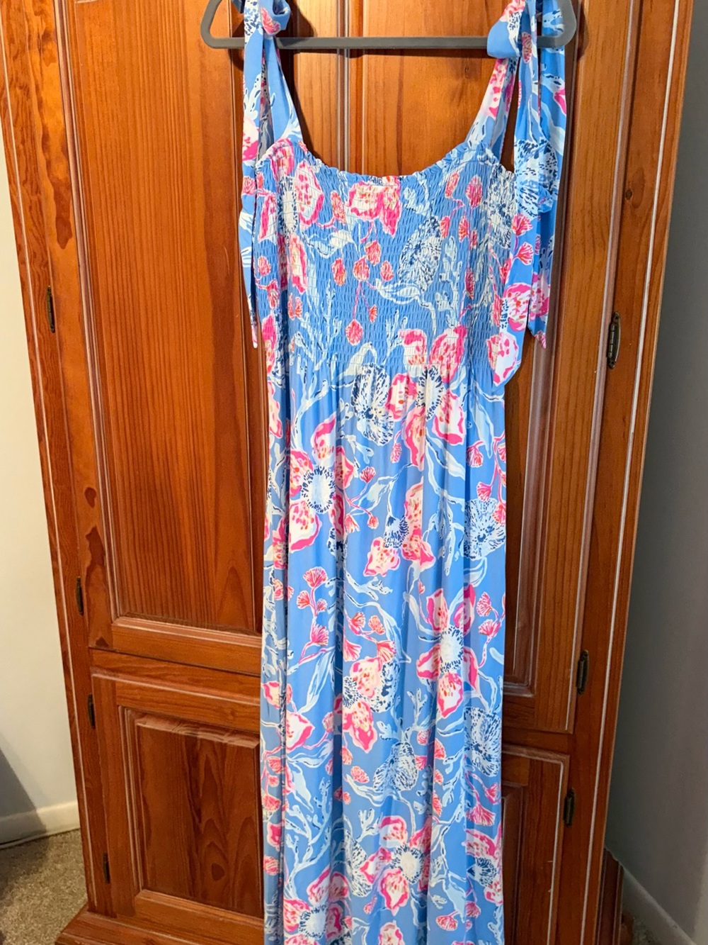 Lilly Pulitzer Blue Floral Tie-Shoulder Maxi Dress with Pink Accents